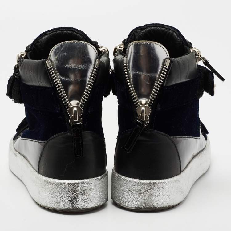 Pre Owned Giuseppe Zanotti Navy Blue/Black Velvet and Patent Leather Coby High-Top Sneakers Size 40