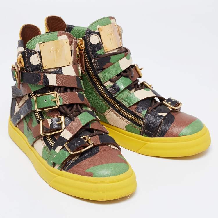 Pre Owned Giuseppe Zanotti Multicolor Camo Print Leather London Multi Strap High Top Sneakers Size 40