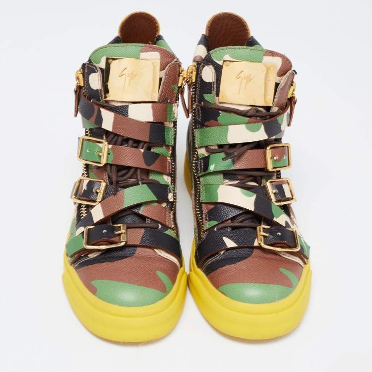 Pre Owned Giuseppe Zanotti Multicolor Camo Print Leather London Multi Strap High Top Sneakers Size 40