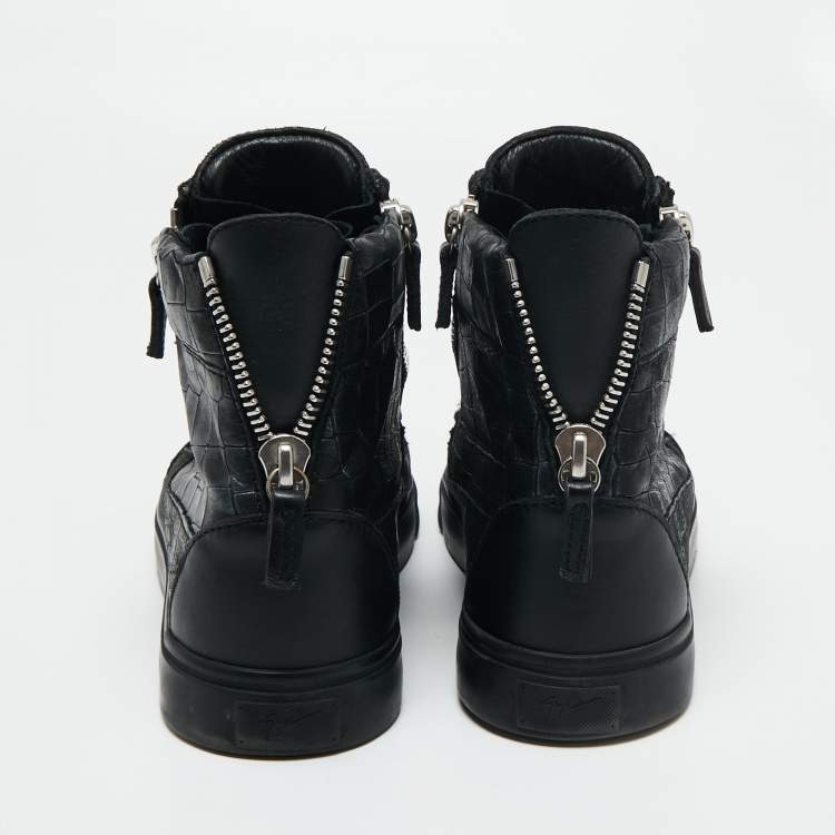 Pre Owned Giuseppe Zanotti Black Croc Embossed Leather London High Top Sneakers Size 41