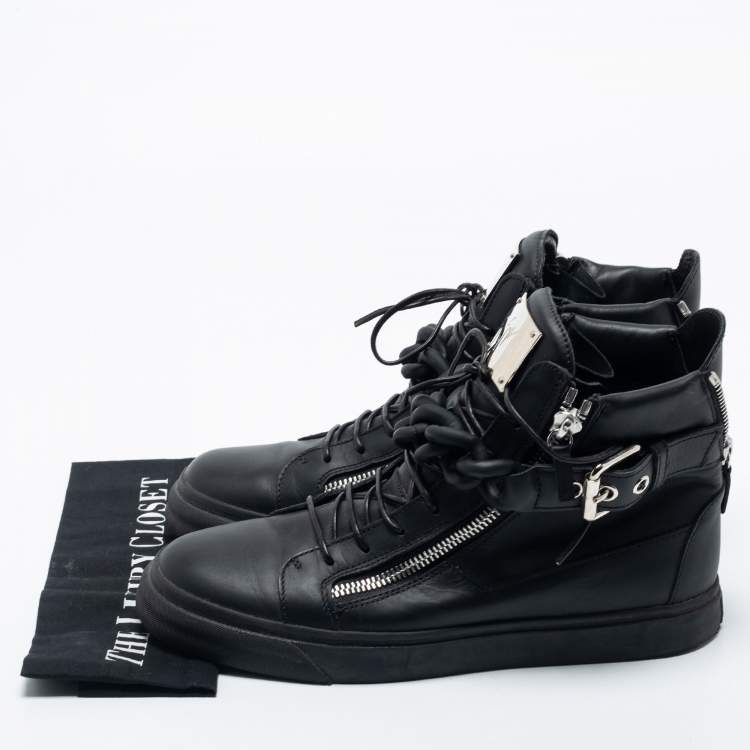 Pre Owned Giuseppe Zanotti Black Leather Metal Chain Embellished London Lindos High Top Sneakers Size 44