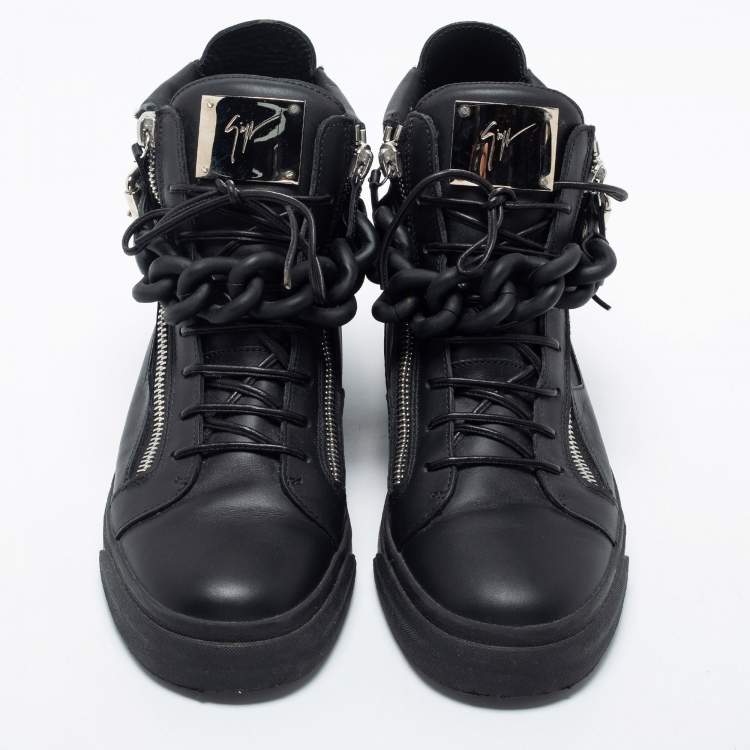 Pre Owned Giuseppe Zanotti Black Leather Metal Chain Embellished London Lindos High Top Sneakers Size 44