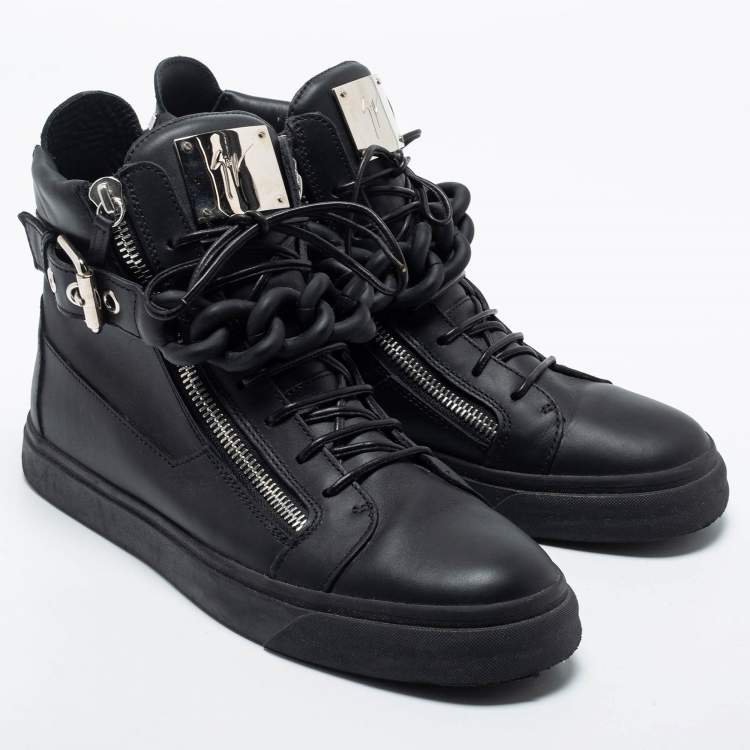 Pre Owned Giuseppe Zanotti Black Leather Metal Chain Embellished London Lindos High Top Sneakers Size 44
