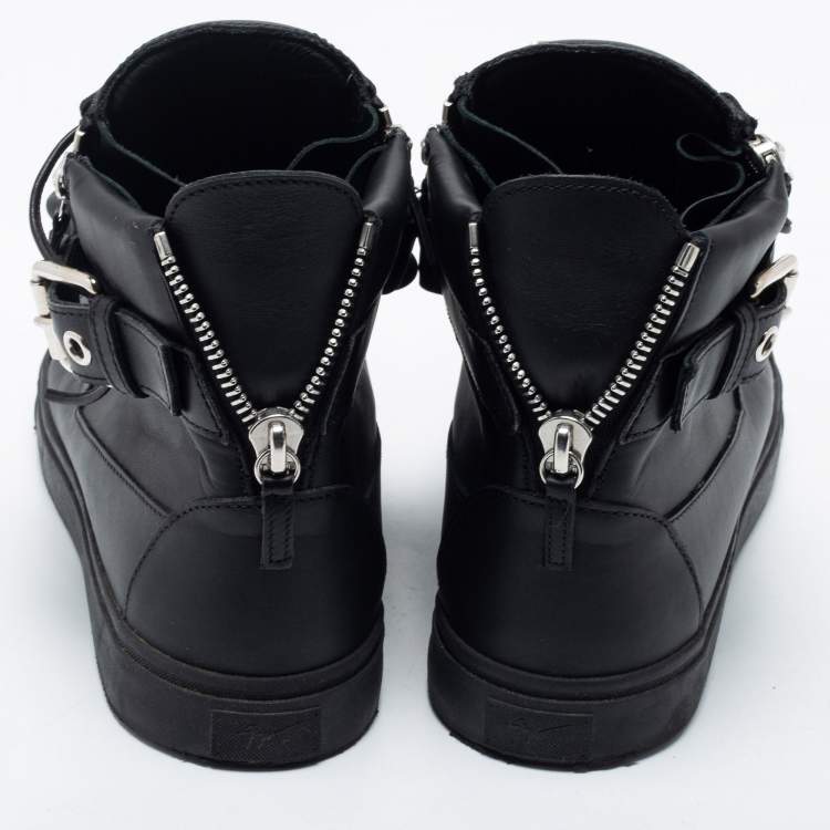 Pre Owned Giuseppe Zanotti Black Leather Metal Chain Embellished London Lindos High Top Sneakers Size 44