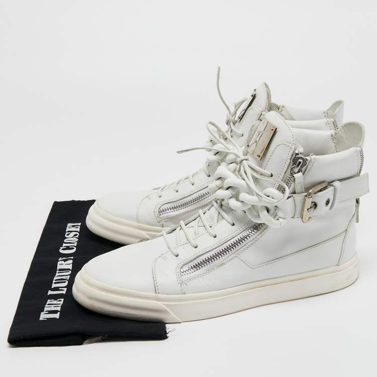 Pre Owned Giuseppe Zanotti White Leather Metal Chain High Top Sneakers Size 44
