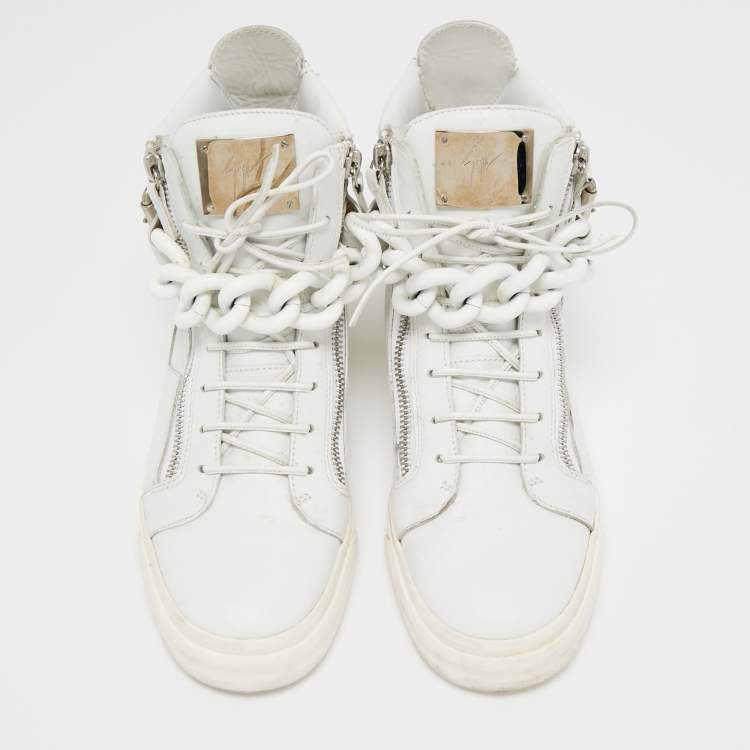Pre Owned Giuseppe Zanotti White Leather Metal Chain High Top Sneakers Size 44