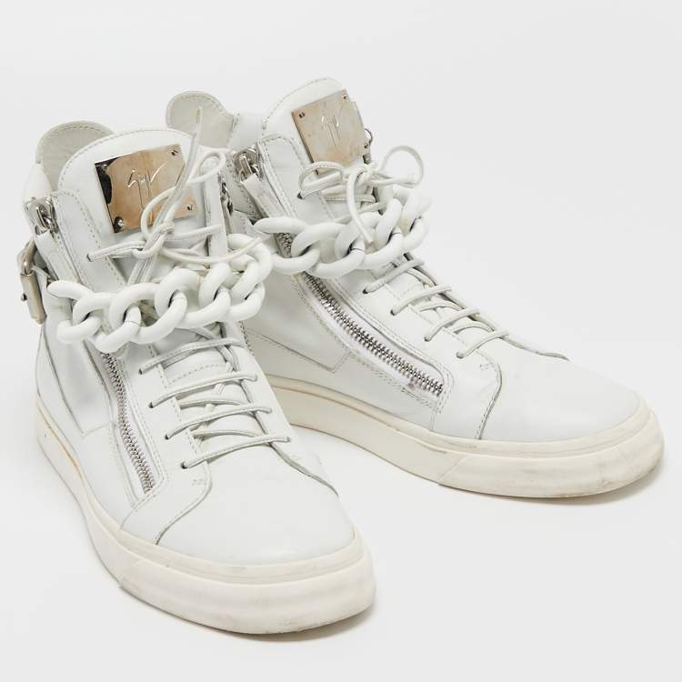 Pre Owned Giuseppe Zanotti White Leather Metal Chain High Top Sneakers Size 44