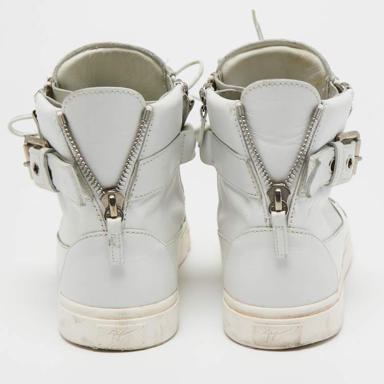 Pre Owned Giuseppe Zanotti White Leather Metal Chain High Top Sneakers Size 44