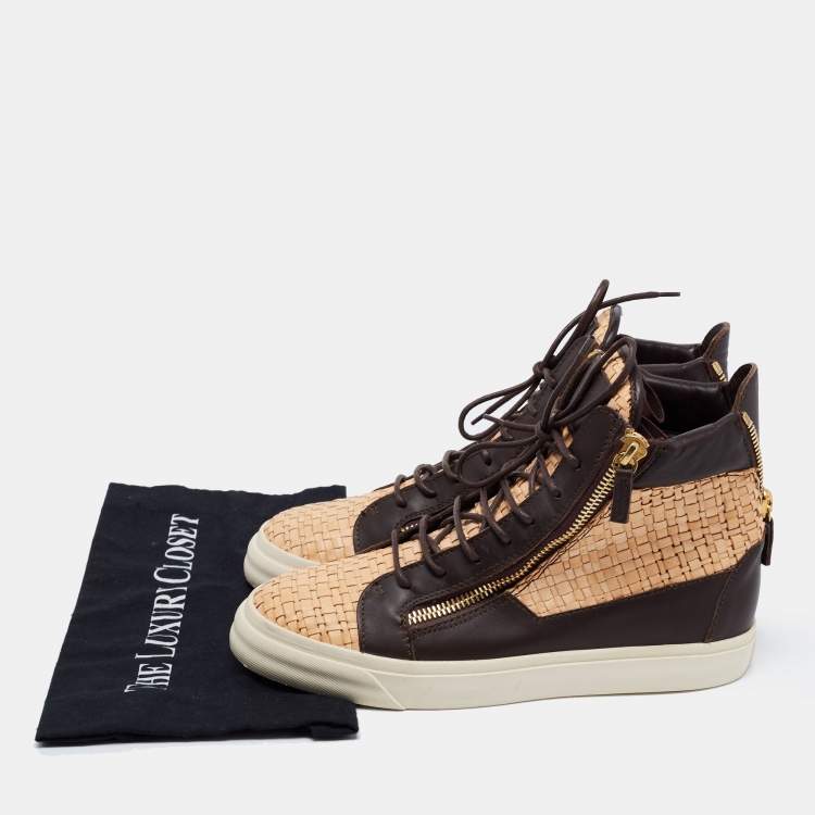Pre Owned Giuseppe Zanotti Beige/Brown Woven and Leather High Top Sneakers Size 40