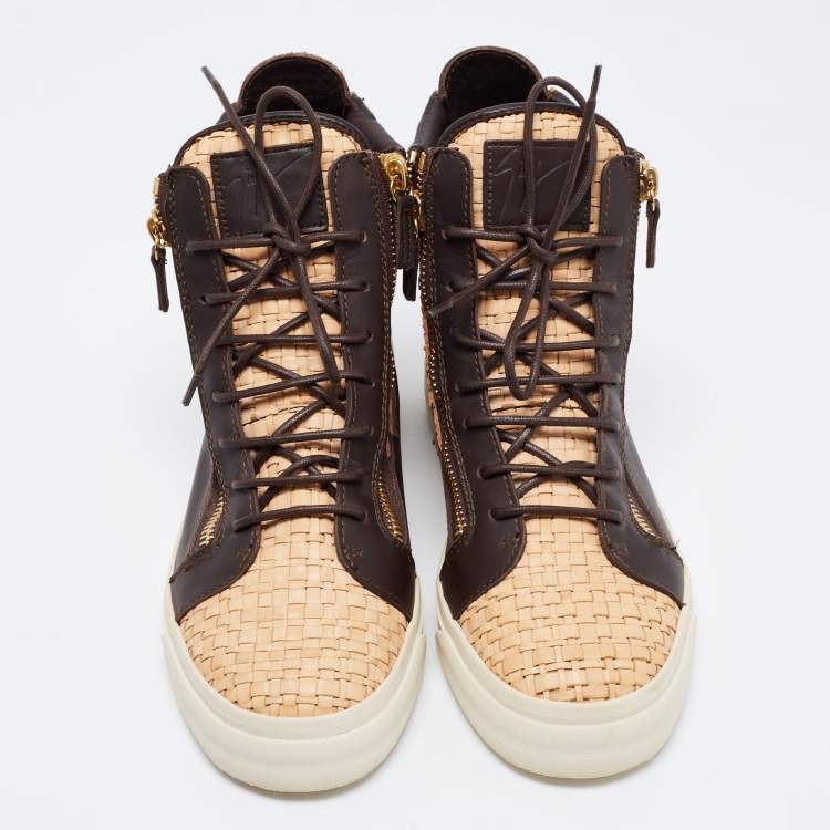 Pre Owned Giuseppe Zanotti Beige/Brown Woven and Leather High Top Sneakers Size 40