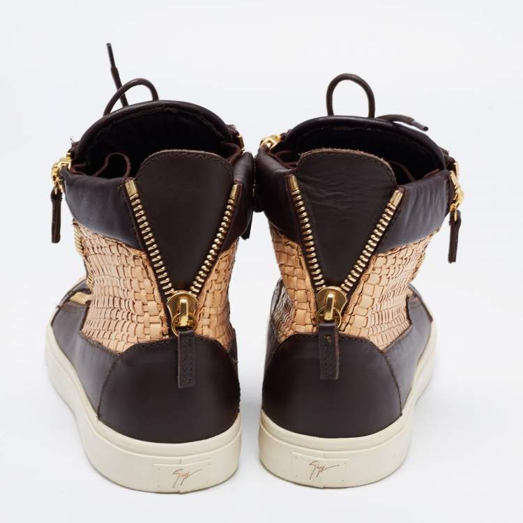 Pre Owned Giuseppe Zanotti Beige/Brown Woven and Leather High Top Sneakers Size 40