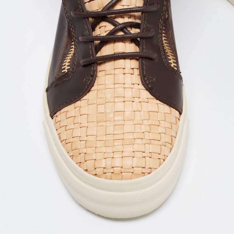 Pre Owned Giuseppe Zanotti Beige/Brown Woven and Leather High Top Sneakers Size 40