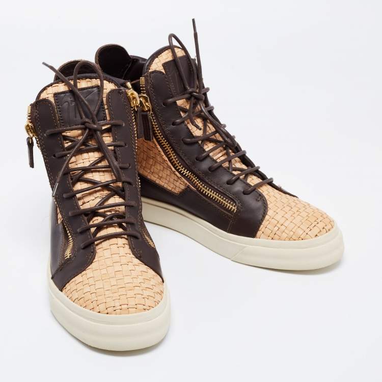 Pre Owned Giuseppe Zanotti Beige/Brown Woven and Leather High Top Sneakers Size 40