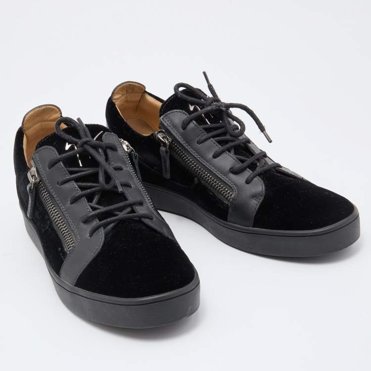 Pre Owned Giuseppe Zanotti Black Leather and Velvet Frankie Low Top Sneakers Size 44