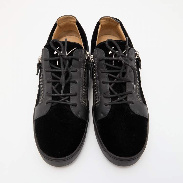 Pre Owned Giuseppe Zanotti Black Leather and Velvet Frankie Low Top Sneakers Size 44