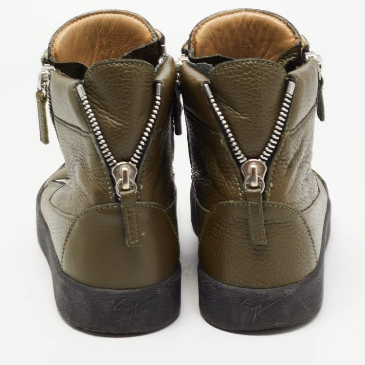 Pre Owned Giuseppe Zanotti Olive Green Leather Double Zip Sneakers Size 41.5  