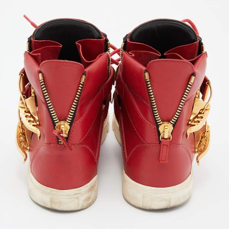 Pre Owned Giuseppe Zanotti Red Leather Double Zipper High Top Sneakers Size 43