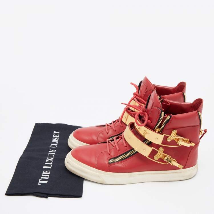 Pre Owned Giuseppe Zanotti Red Leather Double Zipper High Top Sneakers Size 43