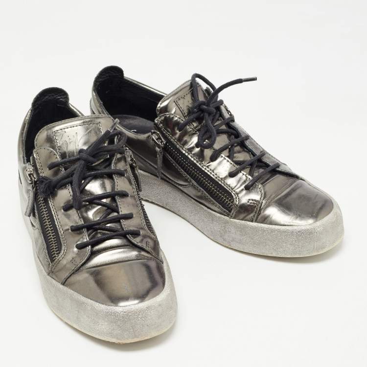 Pre Owned Giuseppe Zanotti Metallic Leather Double Zipper Low Top Sneakers Size 43