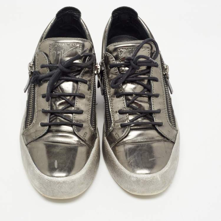 Pre Owned Giuseppe Zanotti Metallic Leather Double Zipper Low Top Sneakers Size 43