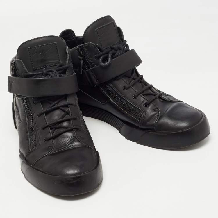 Pre Owned Giuseppe Zanotti Black Matte Leather High Top Lace Up Sneakers 46
