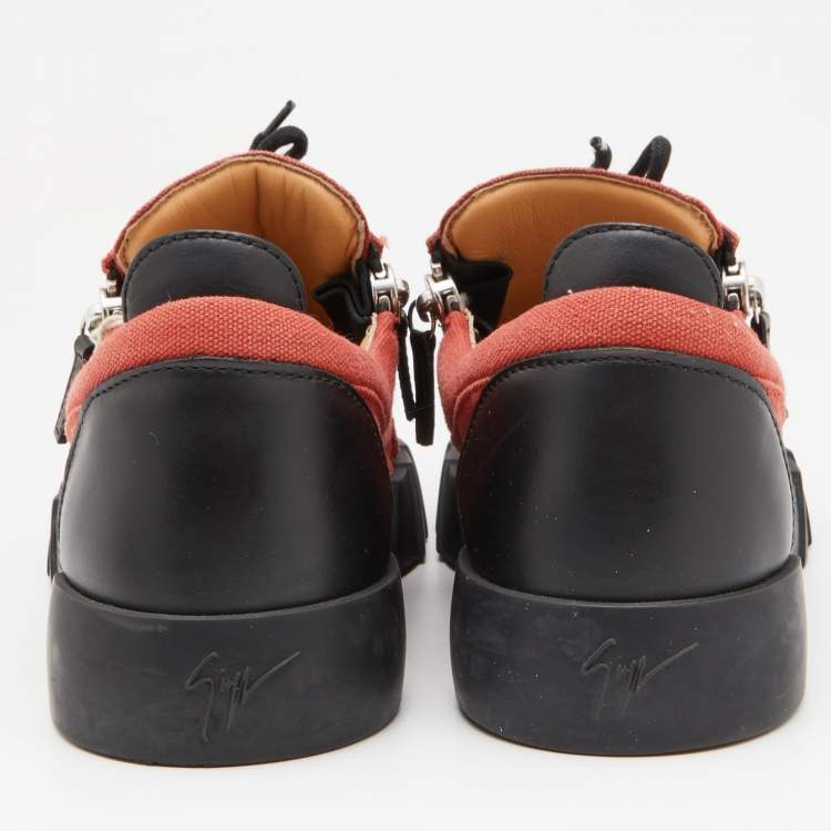 Pre Owned Gisueppe Zanotti Orange Canvas and Leather Double Zip Low Top Sneakers Size 43
