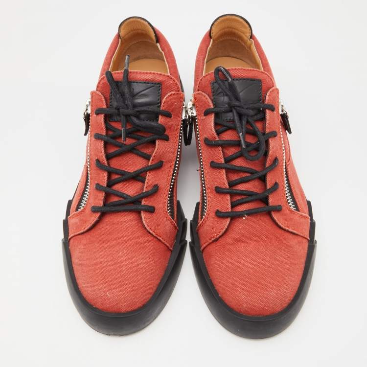 Pre Owned Gisueppe Zanotti Orange Canvas and Leather Double Zip Low Top Sneakers Size 43