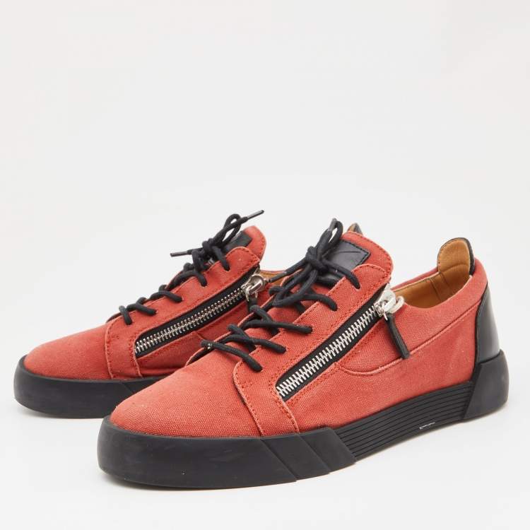 Pre Owned Gisueppe Zanotti Orange Canvas and Leather Double Zip Low Top Sneakers Size 43