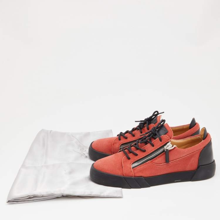 Pre Owned Gisueppe Zanotti Orange Canvas and Leather Double Zip Low Top Sneakers Size 43