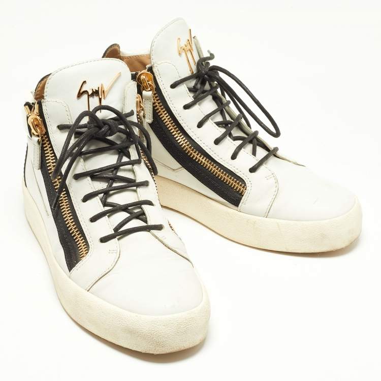 Pre Owned Giuseppe Zanotti White/Black Leather Double Zip Sneakers Size 41.5  