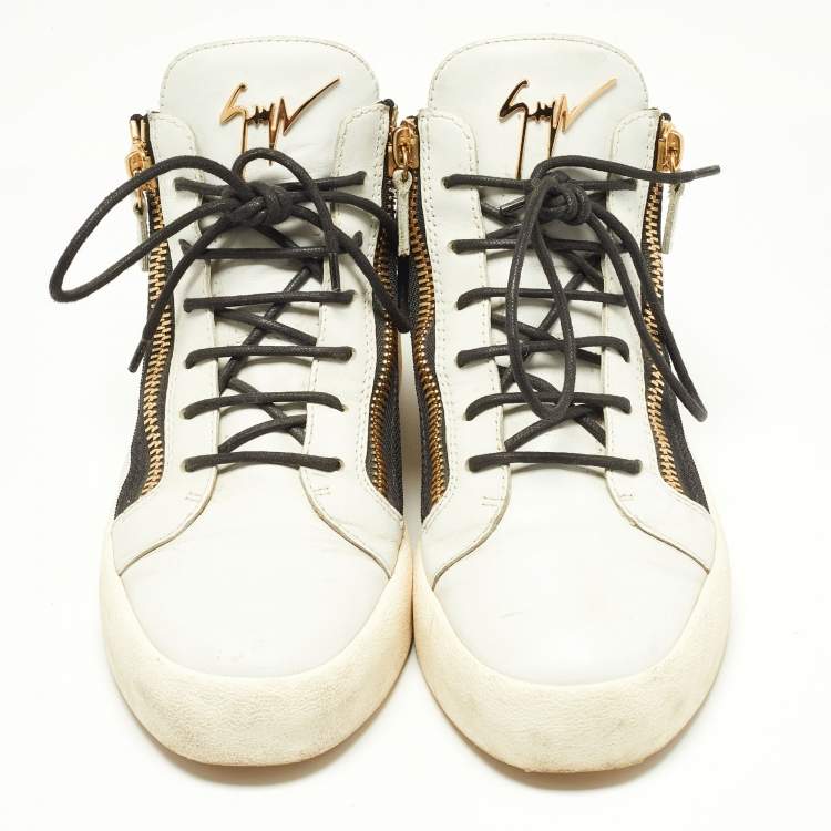 Pre Owned Giuseppe Zanotti White/Black Leather Double Zip Sneakers Size 41.5  