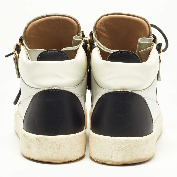 Pre Owned Giuseppe Zanotti White/Black Leather Double Zip Sneakers Size 41.5  