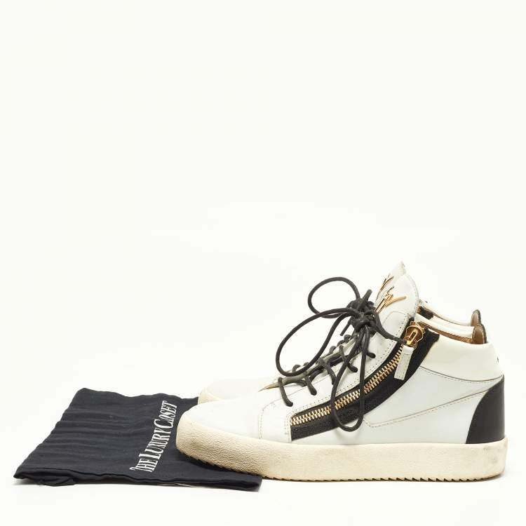 Pre Owned Giuseppe Zanotti White/Black Leather Double Zip Sneakers Size 41.5  