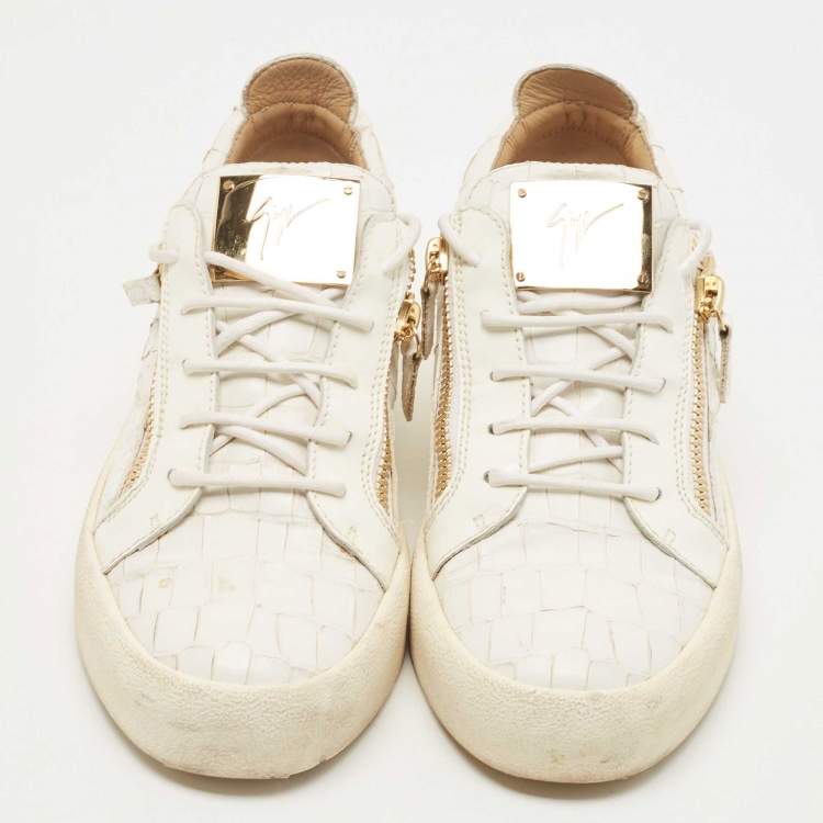 Pre Owned Giuseppe Zanotti White/Gold Python Embossed Leather Dona Low Top Sneakers Size 40.5