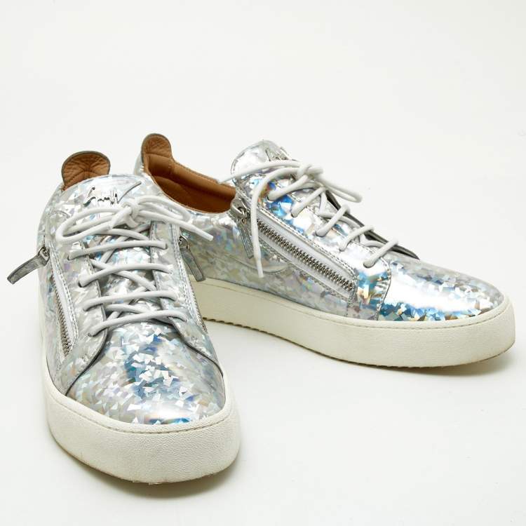Pre Owned Giuseppe Zanotti Silver Holographic Leather Gail Lace Up Sneakers Size 45