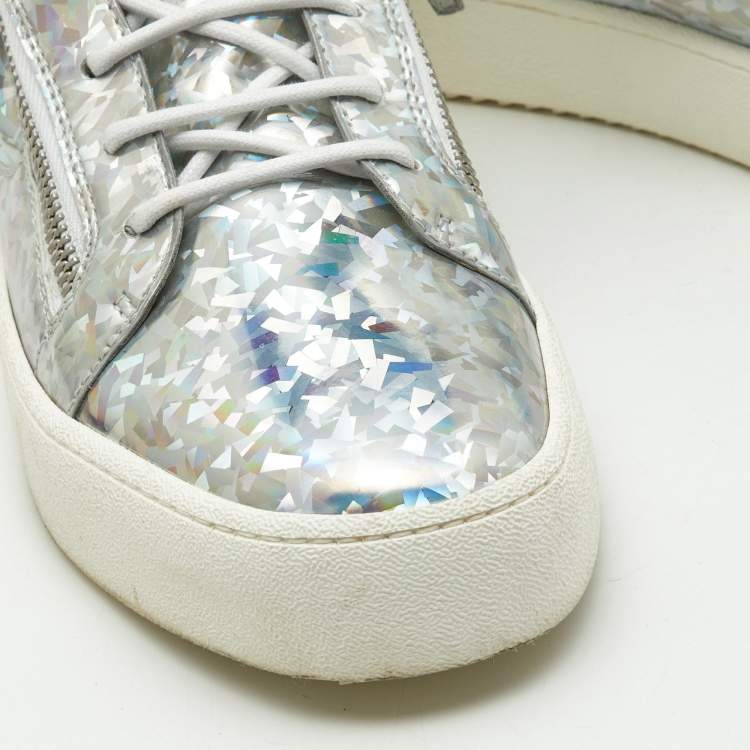 Pre Owned Giuseppe Zanotti Silver Holographic Leather Gail Lace Up Sneakers Size 45
