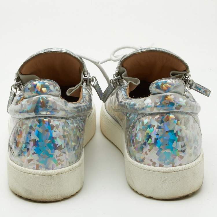 Pre Owned Giuseppe Zanotti Silver Holographic Leather Gail Lace Up Sneakers Size 45