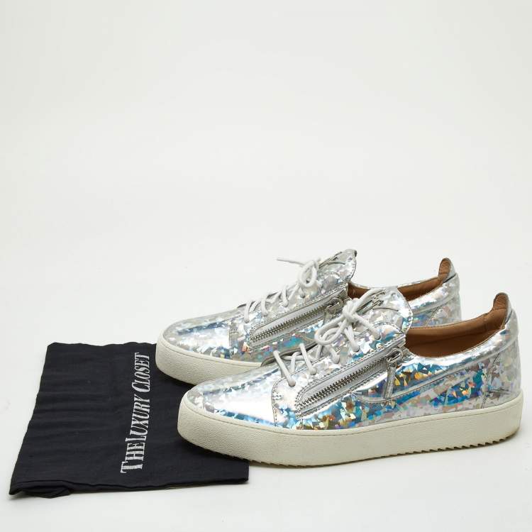 Pre Owned Giuseppe Zanotti Silver Holographic Leather Gail Lace Up Sneakers Size 45