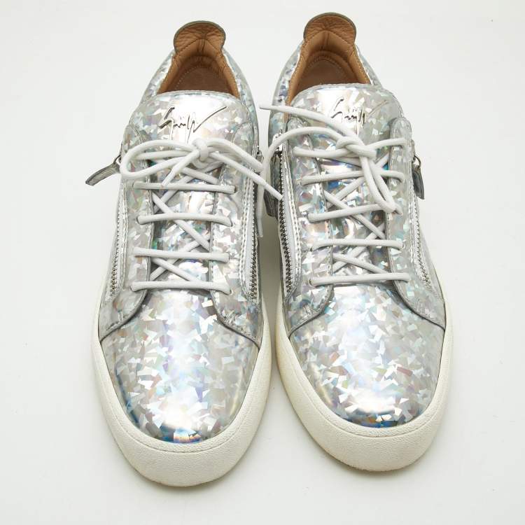 Pre Owned Giuseppe Zanotti Silver Holographic Leather Gail Lace Up Sneakers Size 45