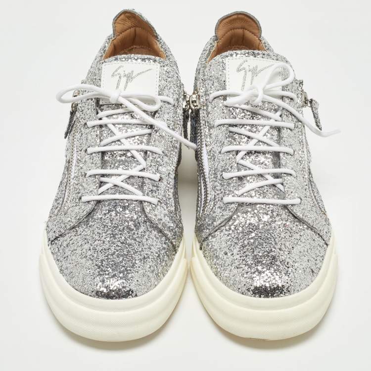 Pre Owned Giuseppe Zanotti Silver Coarse Glitter Frankie Sneakers Size 45