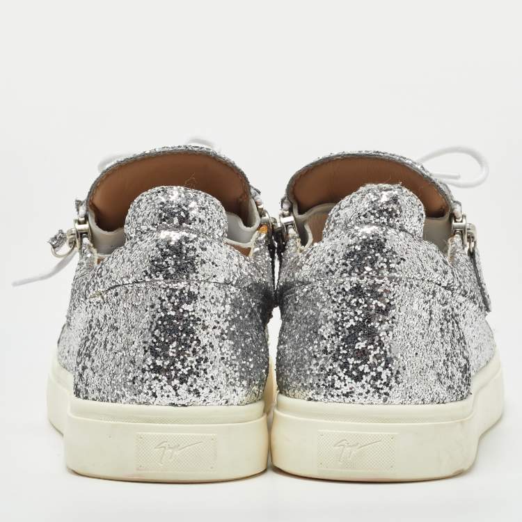 Pre Owned Giuseppe Zanotti Silver Coarse Glitter Frankie Sneakers Size 45