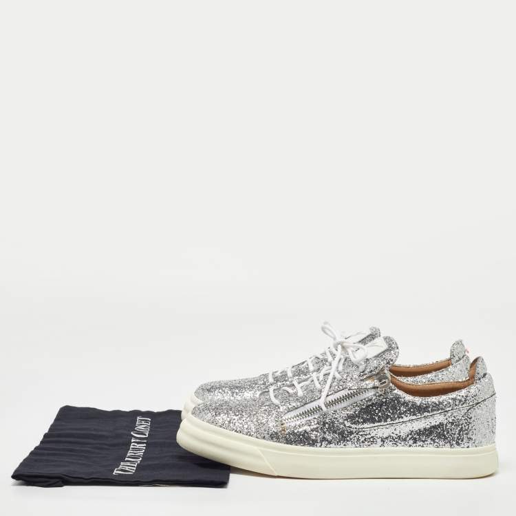 Pre Owned Giuseppe Zanotti Silver Coarse Glitter Frankie Sneakers Size 45