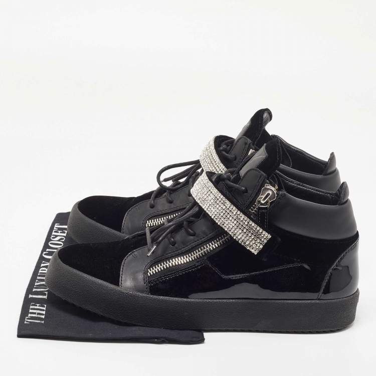Pre Owned Giuseppe Zanotti Black Leather and Patent Crystal Embellished High Top Sneakers Size 44