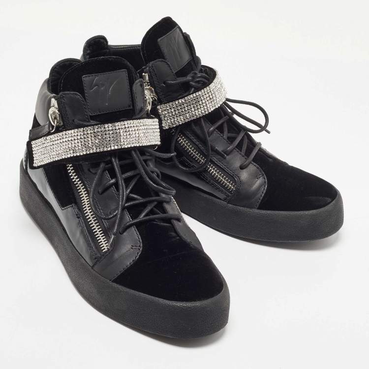 Pre Owned Giuseppe Zanotti Black Leather and Patent Crystal Embellished High Top Sneakers Size 44