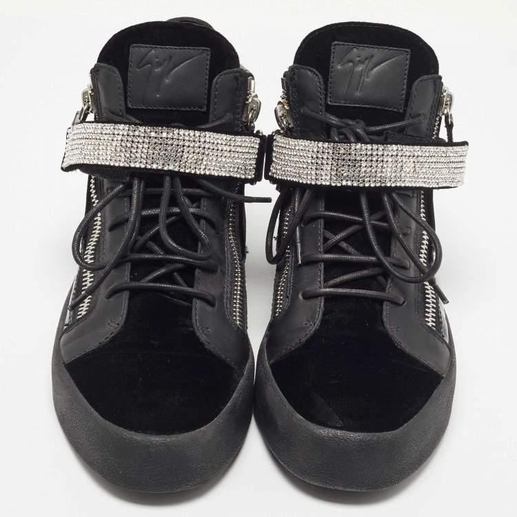 Pre Owned Giuseppe Zanotti Black Leather and Patent Crystal Embellished High Top Sneakers Size 44