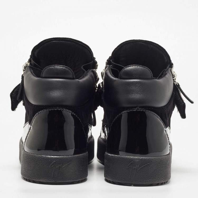 Pre Owned Giuseppe Zanotti Black Leather and Patent Crystal Embellished High Top Sneakers Size 44