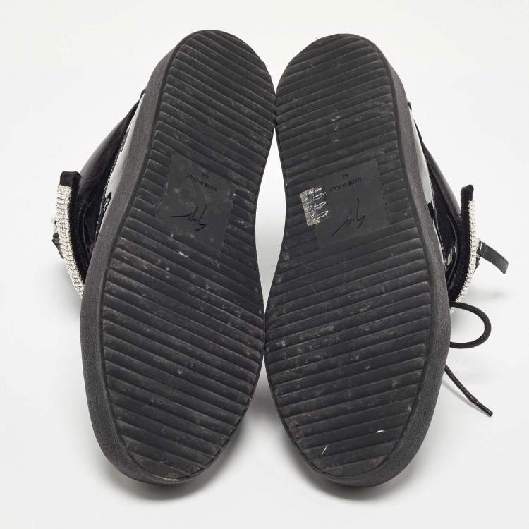 Pre Owned Giuseppe Zanotti Black Leather and Patent Crystal Embellished High Top Sneakers Size 44