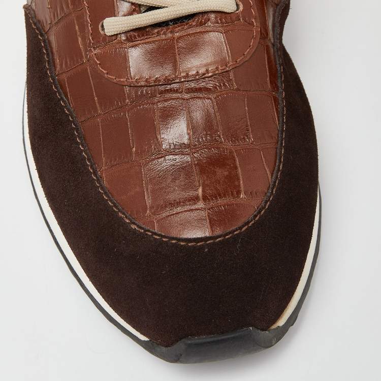 Pre Owned Giuseppe Zanotti Brown Croc Embossed and Suede Sneakers Size 41