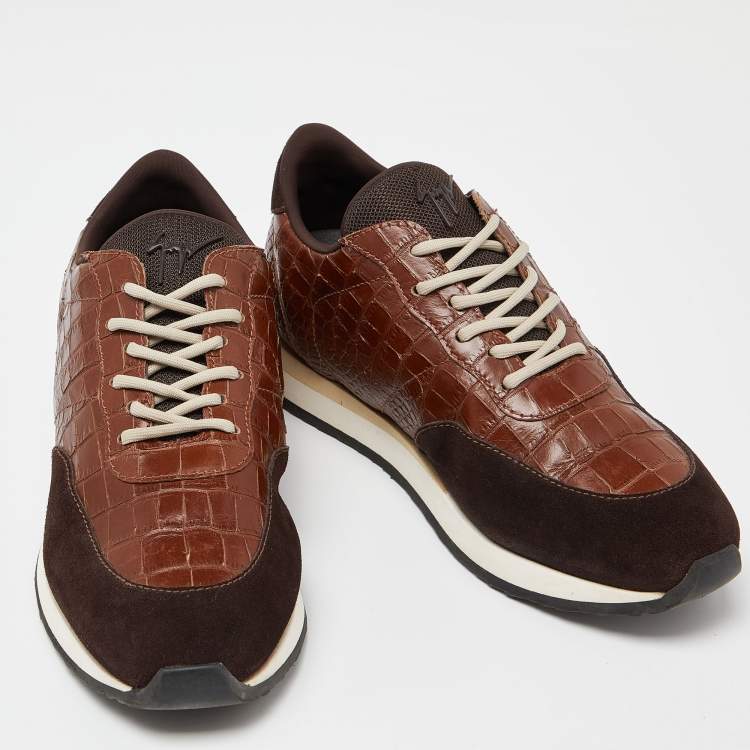 Pre Owned Giuseppe Zanotti Brown Croc Embossed and Suede Sneakers Size 41