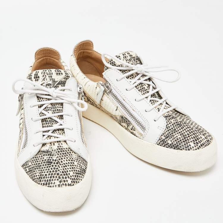 Pre Owned Giuseppe Zanotti White/Beige Lizard Embossed and Leather Frankie Sneakers Size 43